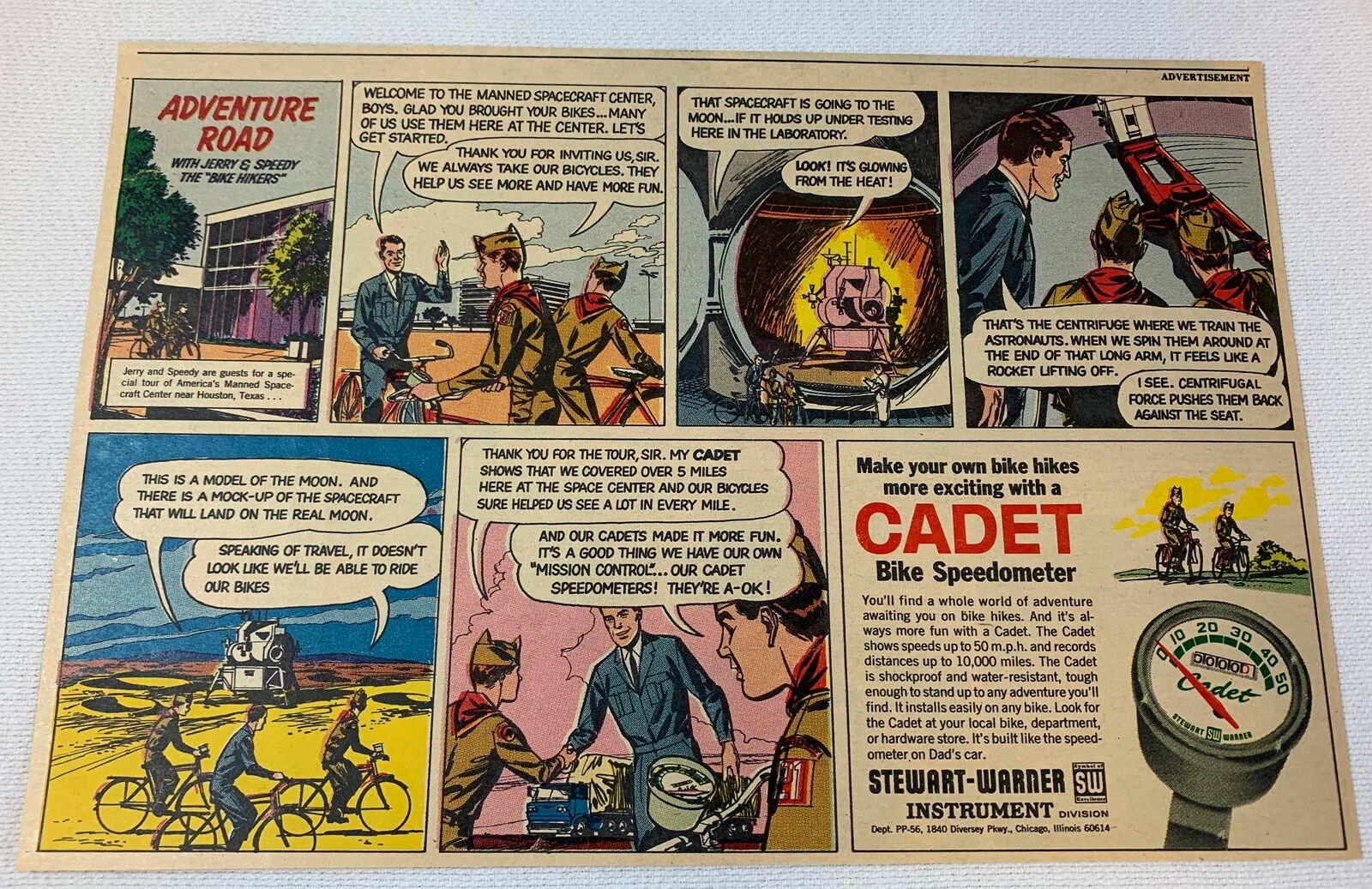 1966 Cadet Bike Speedometer cartoon ad ~ AMERICA'S MANNED SPACECRAFT CENTER, TX