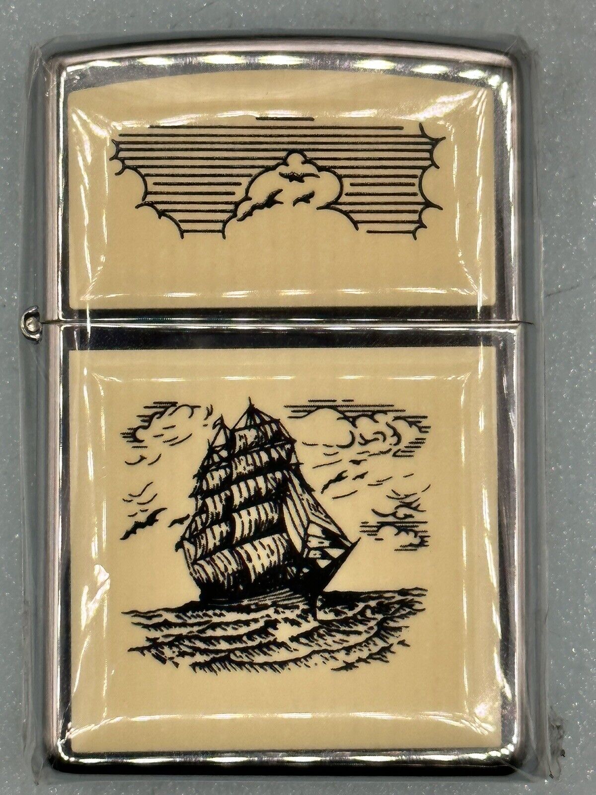Vintage 2001 Scrimshaw Ship Double Sided Zippo Lighter NEW Mint Condition