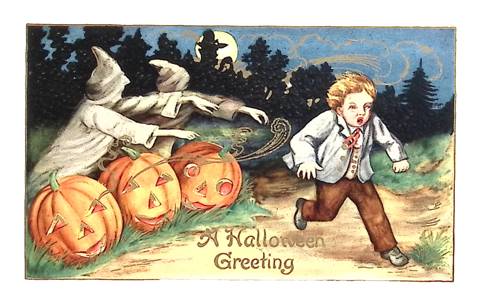 1914 Halloween Greeting Postcard Child Runs from Ghosts in Pumpkin Patch JOL