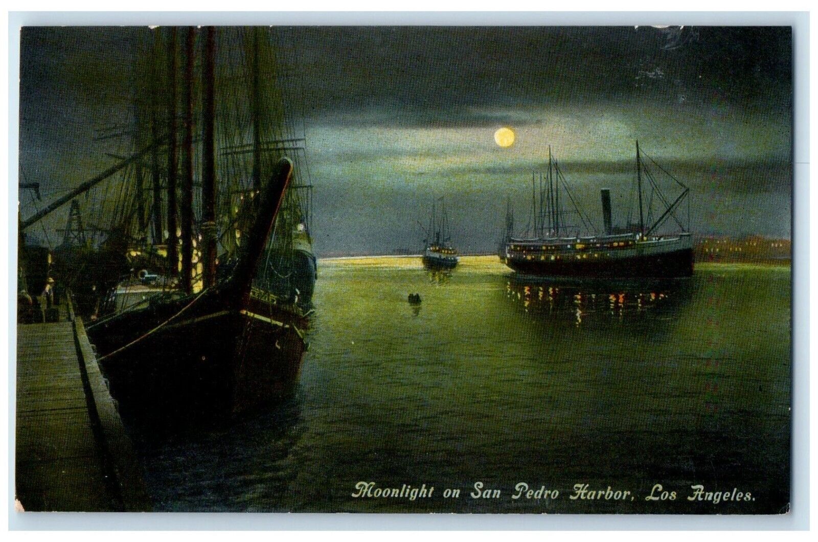 c1910\'s Moonlight On San Pedro Harbor Los Angeles California CA Antique Postcard