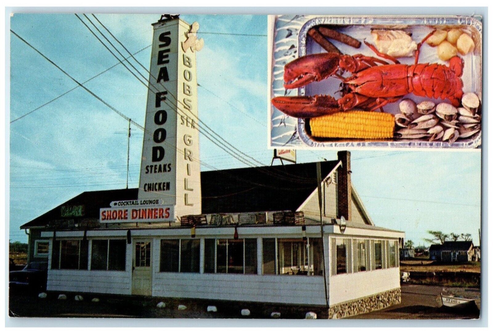 c1950's Bob's Sea Grill Restaurant Seafoods Clam Bake Buzzards Bay MA Postcard