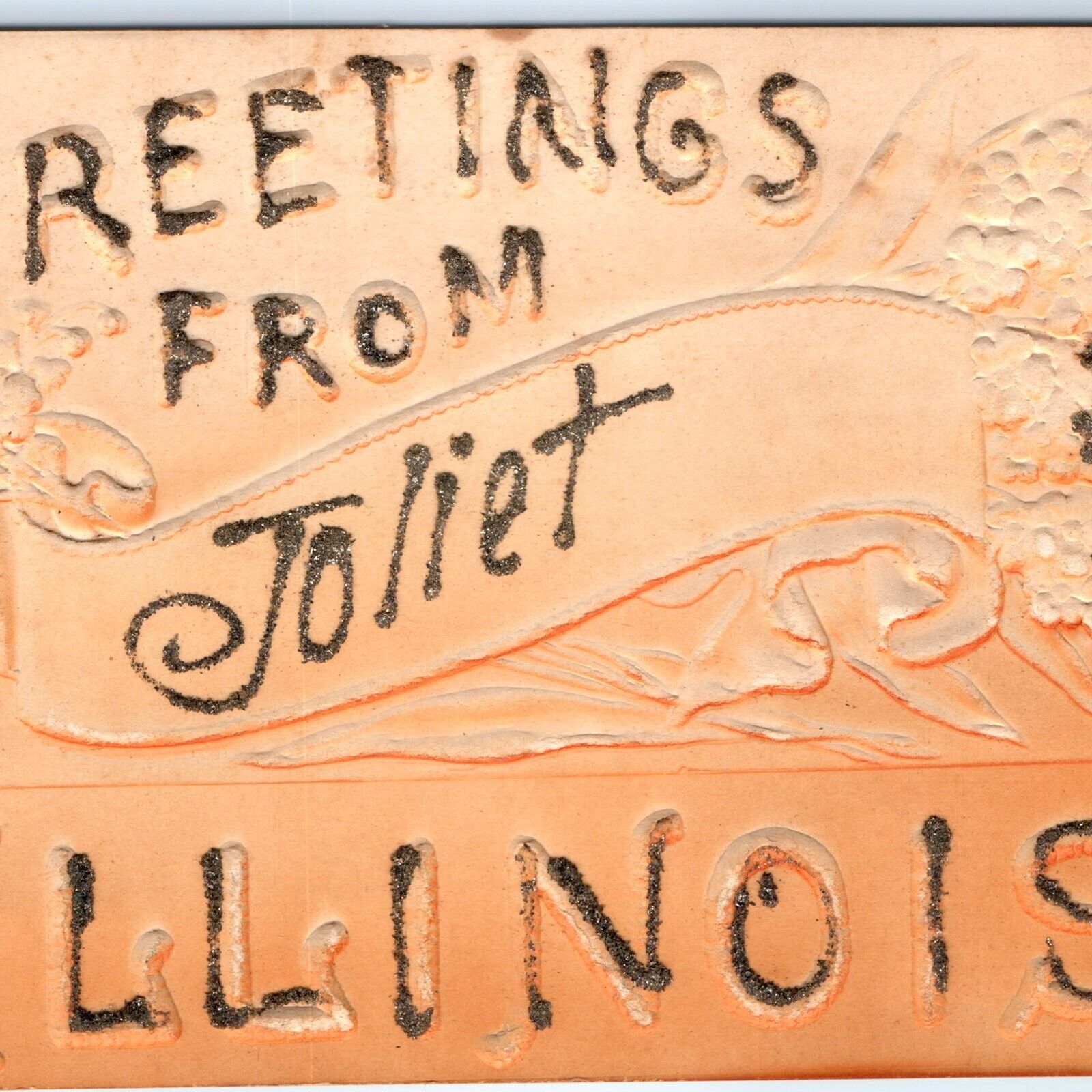 c1910s Joliet, IL Greetings Mica Glitter Embossed Postcard Illinois ILL Vtg A66