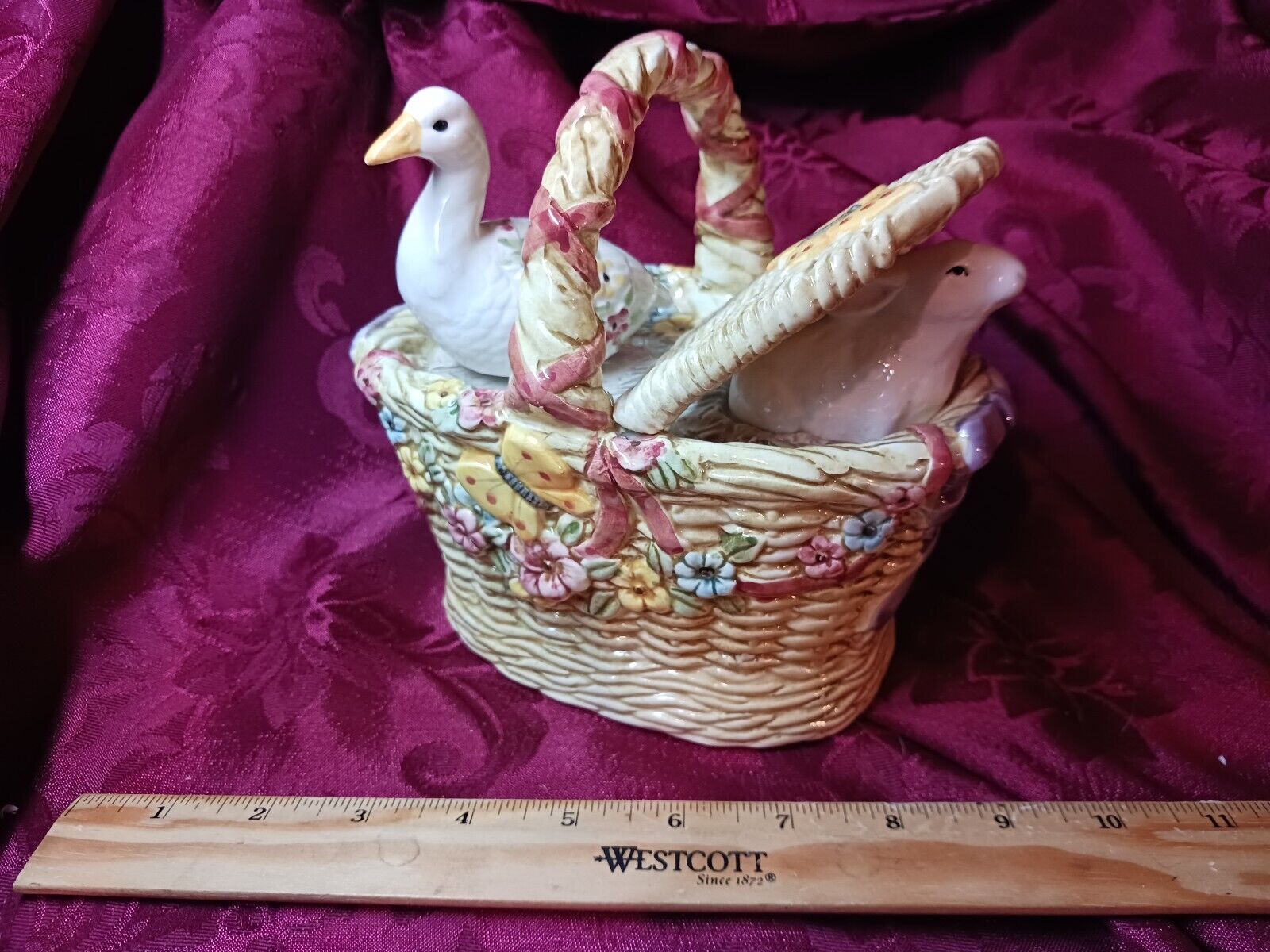 Schmid Moving Duck In Large Flowery Basket \