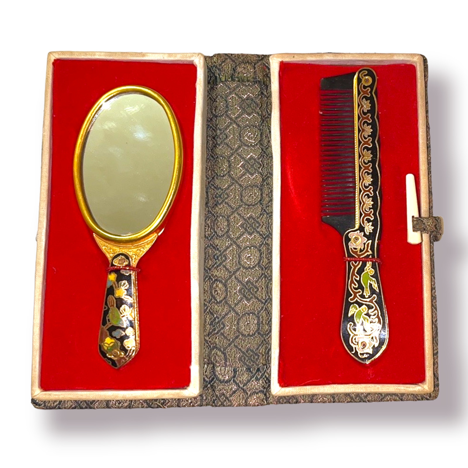Beautiful Vintage Travel Set Comb & Mirror Cloisonne Enamel in Original Case