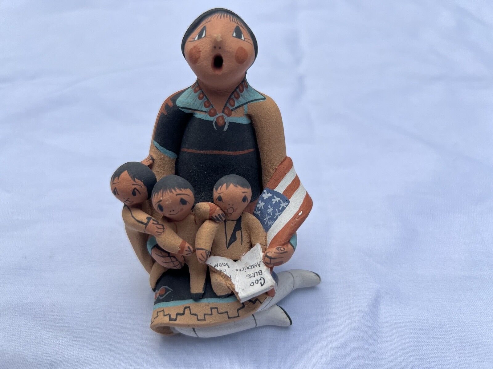 Native American Female Storyteller w/3 kids figurine/doll signed Lucero, Jemez