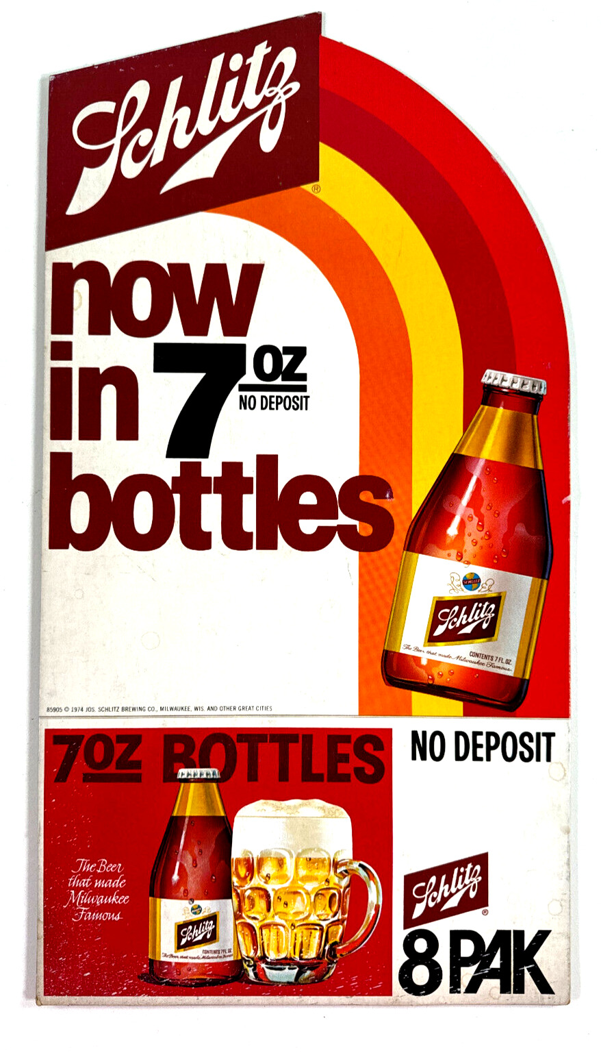 vtg 1974 Schlitz Beer Advertising Beer Sign 7oz bottles standee diecut