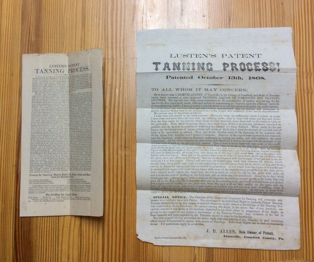 1868 Two Broadside Pieces Luster’s Patent Tanning Process INV-P981