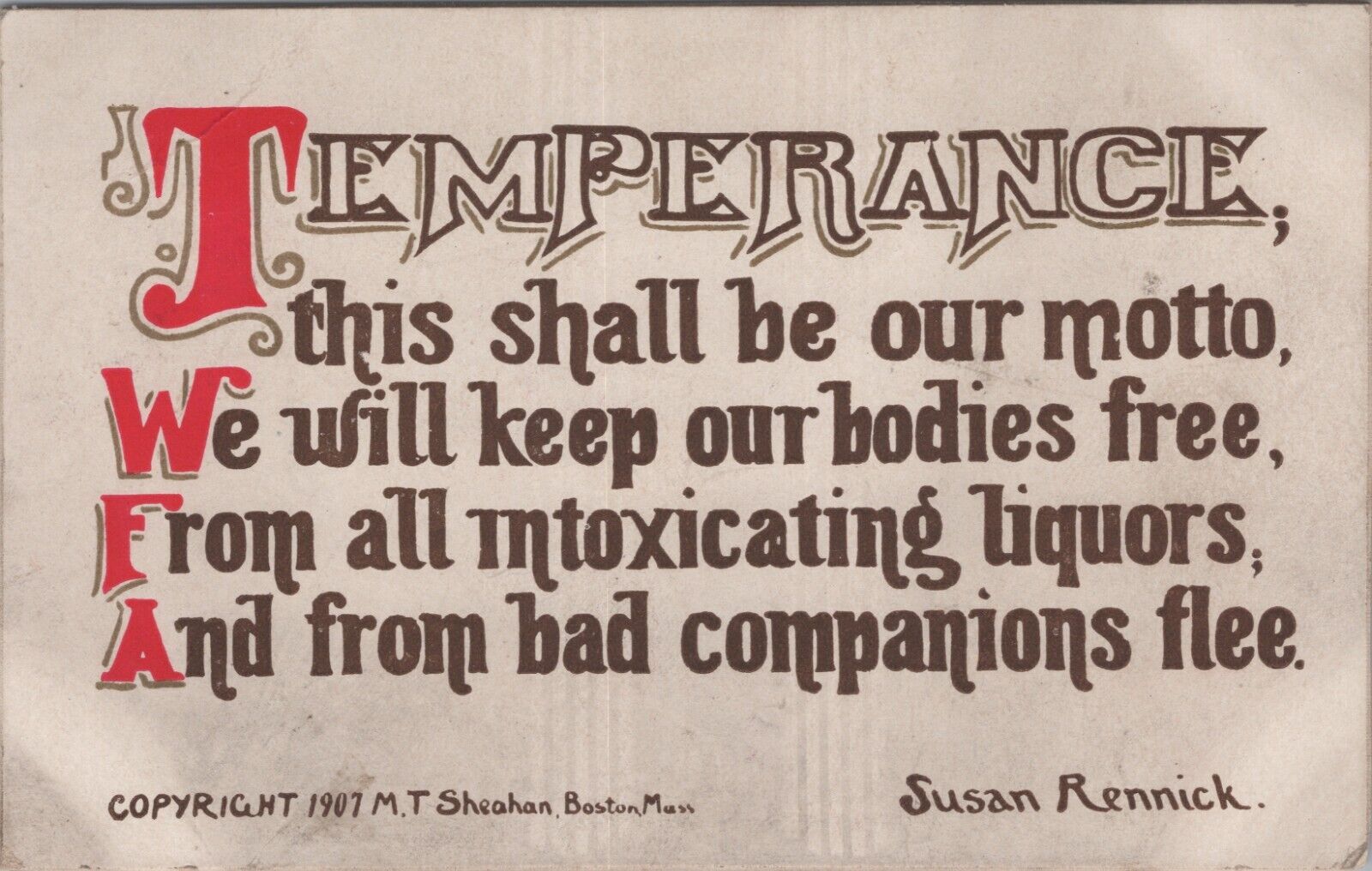 Postcard Temperance Susan Rennick, 1907 Quote, Unused