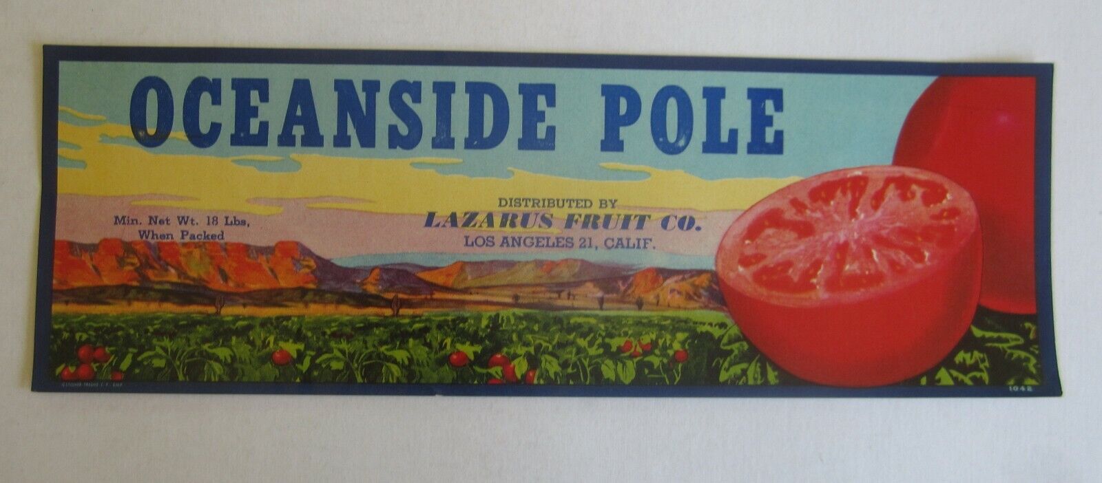Old Vintage c.1930's OCEANSIDE POLE Tomato LABEL - Lazarus Fruit Los Angeles CA