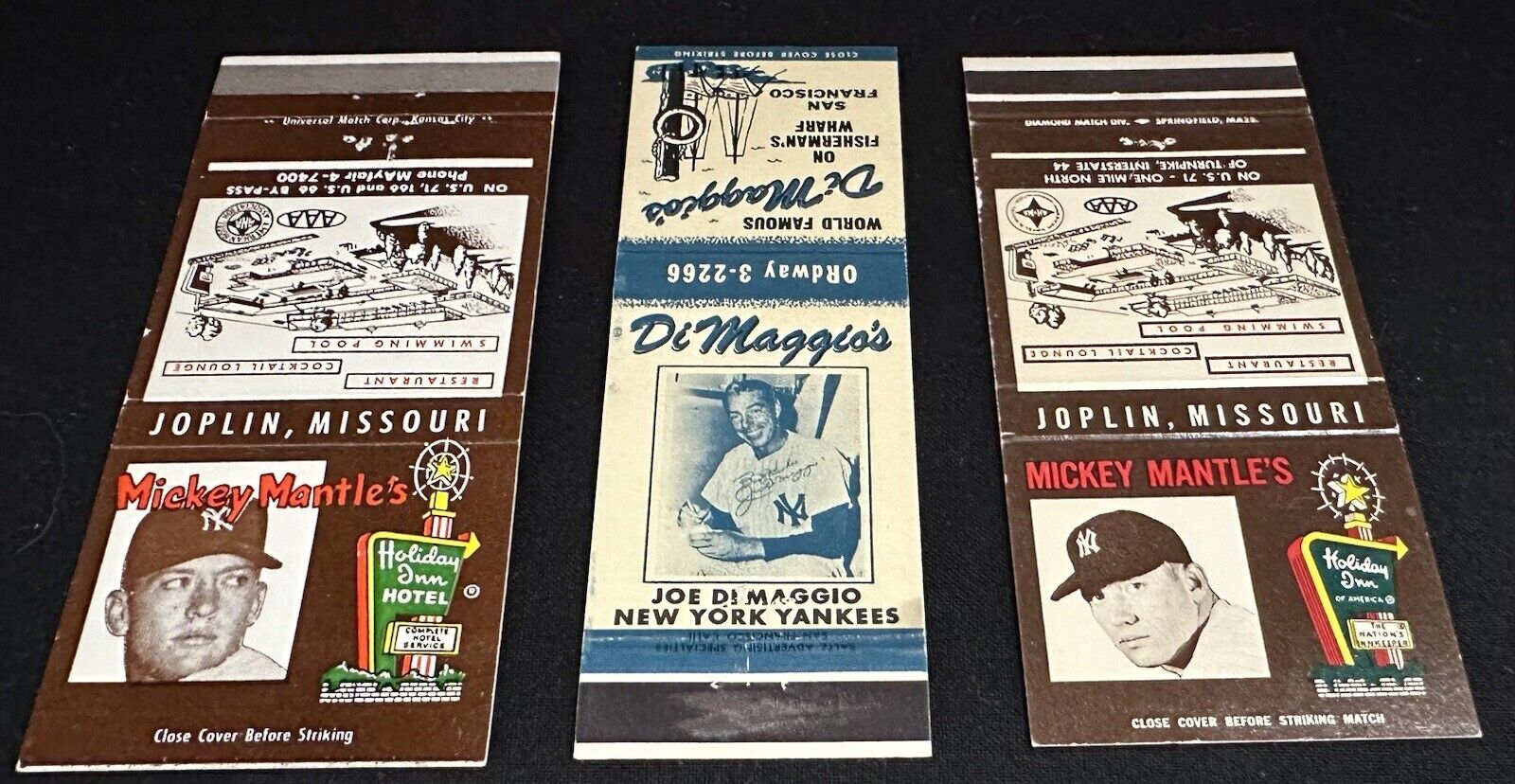 Baseball legends Mickey mantle\'s Holiday Inn & Joe Di Maggio\'s Match Covers x3