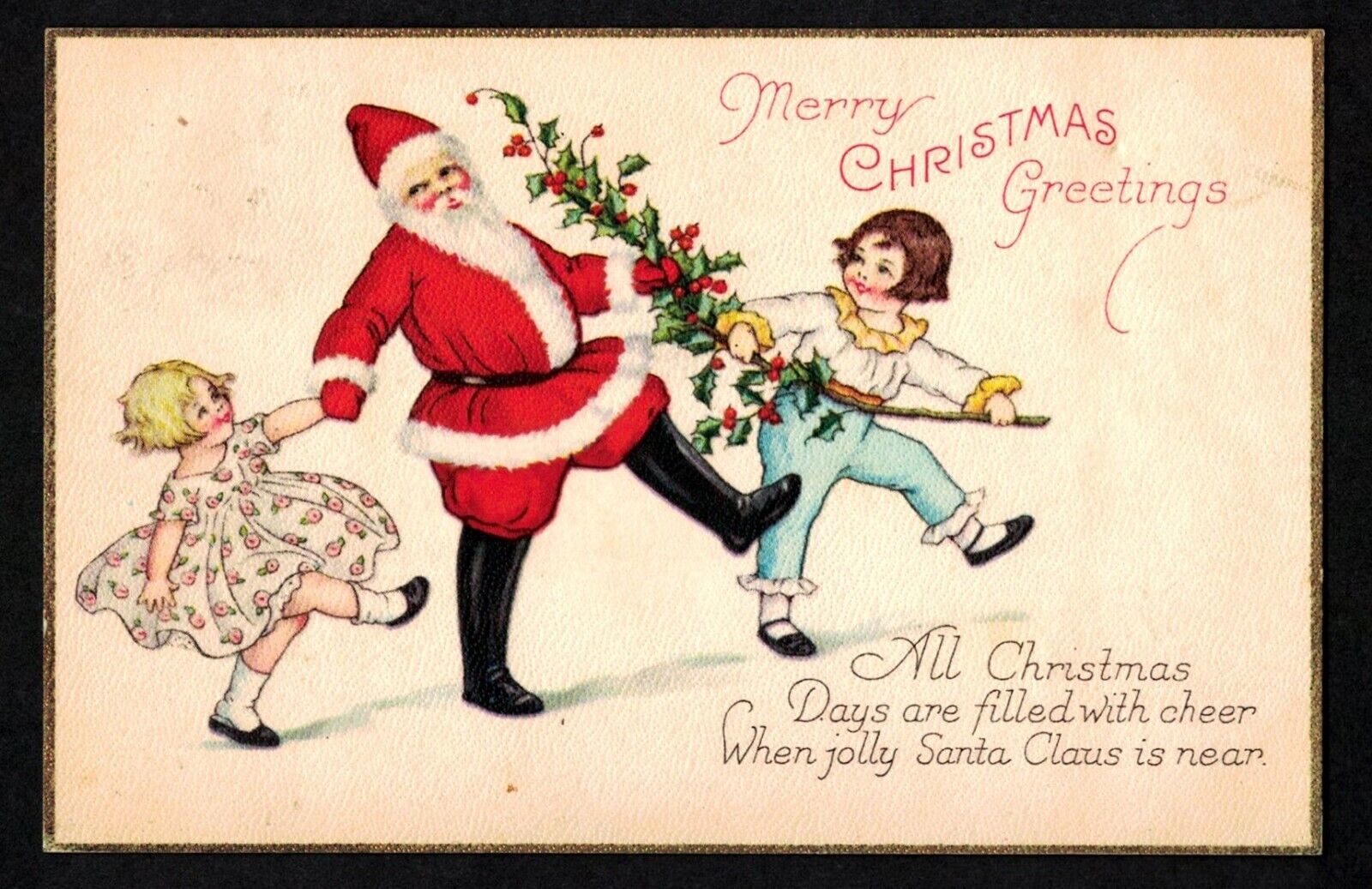 3003 Antique Vintage Christmas Postcard Santa Girls Holding Hands Dancing POMONA