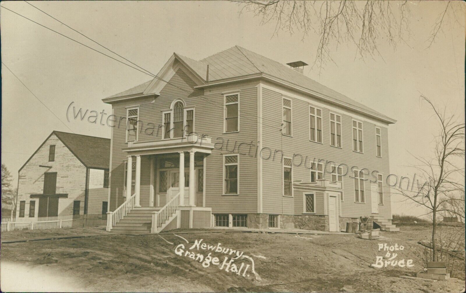 Newbury, MA: Grange Hall 1912 vtg RPPC, Massachusetts Bruce Real Photo Postcard