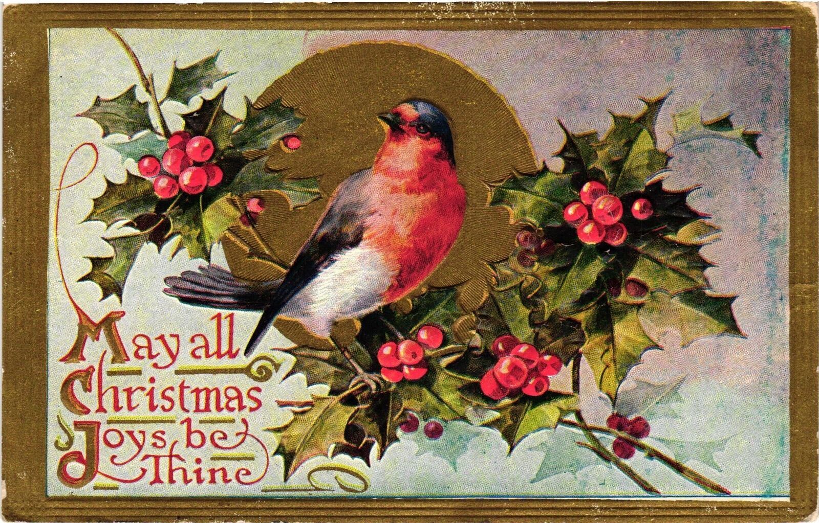Vintage Postcard- Bird on holly, May all Christmas Joys