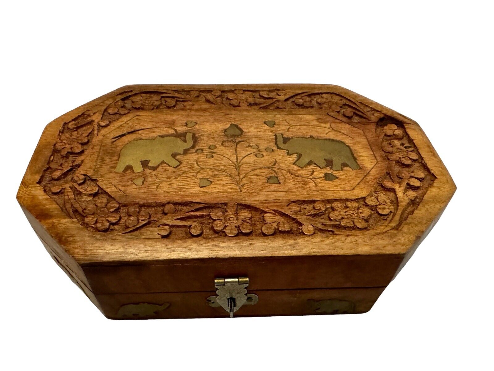 Vintage Hand Carved Wood Brass Elephant Trinket Jewelry Treasure Box Velvet Line