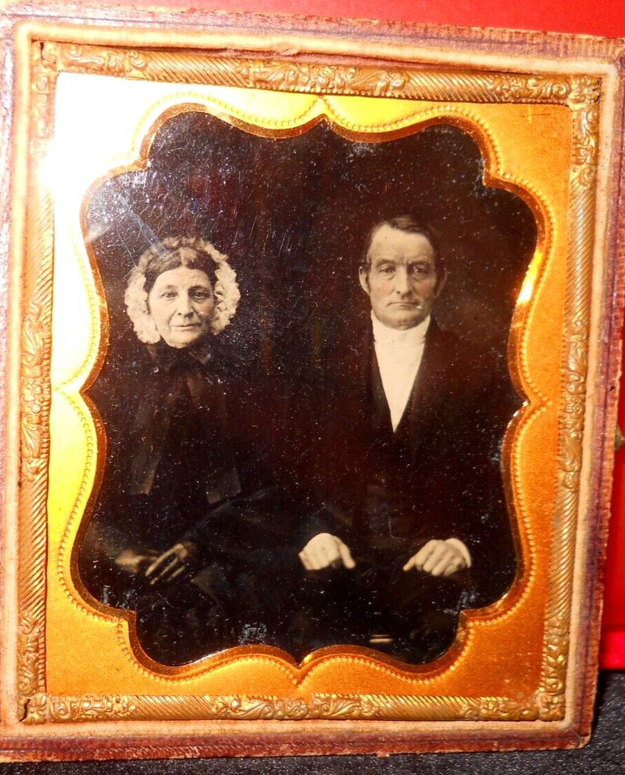 1/6th size Ambrotype of older couple in half case