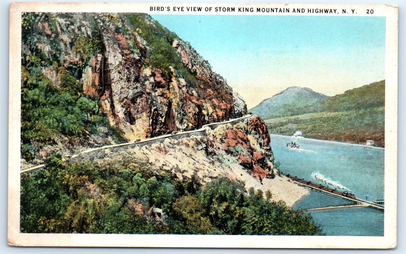 Postcard NY Strom King Mountain & Highway Paddle Wheel Boat Train Vtg View H4
