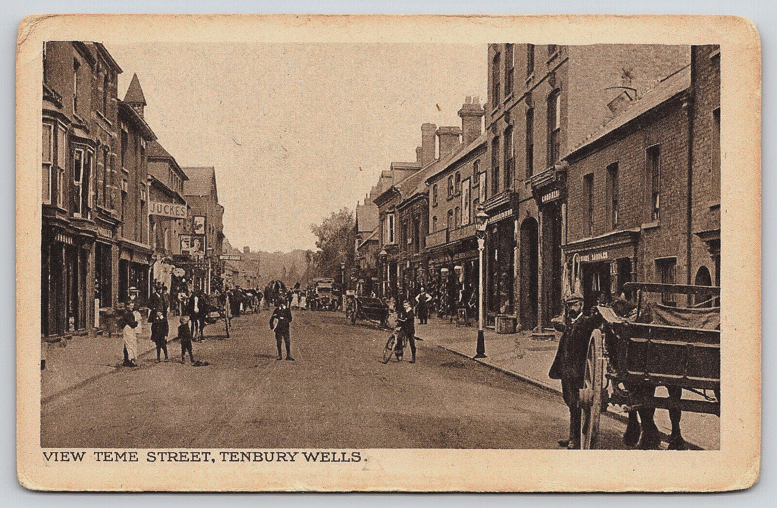 Tenbury Wells, England, Teme Street Store Fronts, People Transportation Postcard