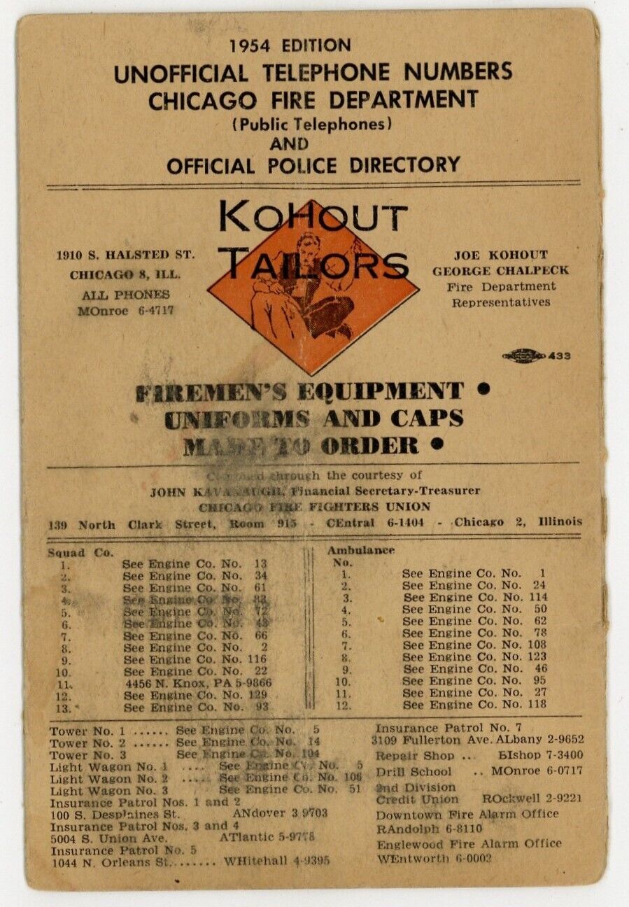 Chicago Police Fire Dept 1954 Telephone Station Directory CFD CPD Reference 9412