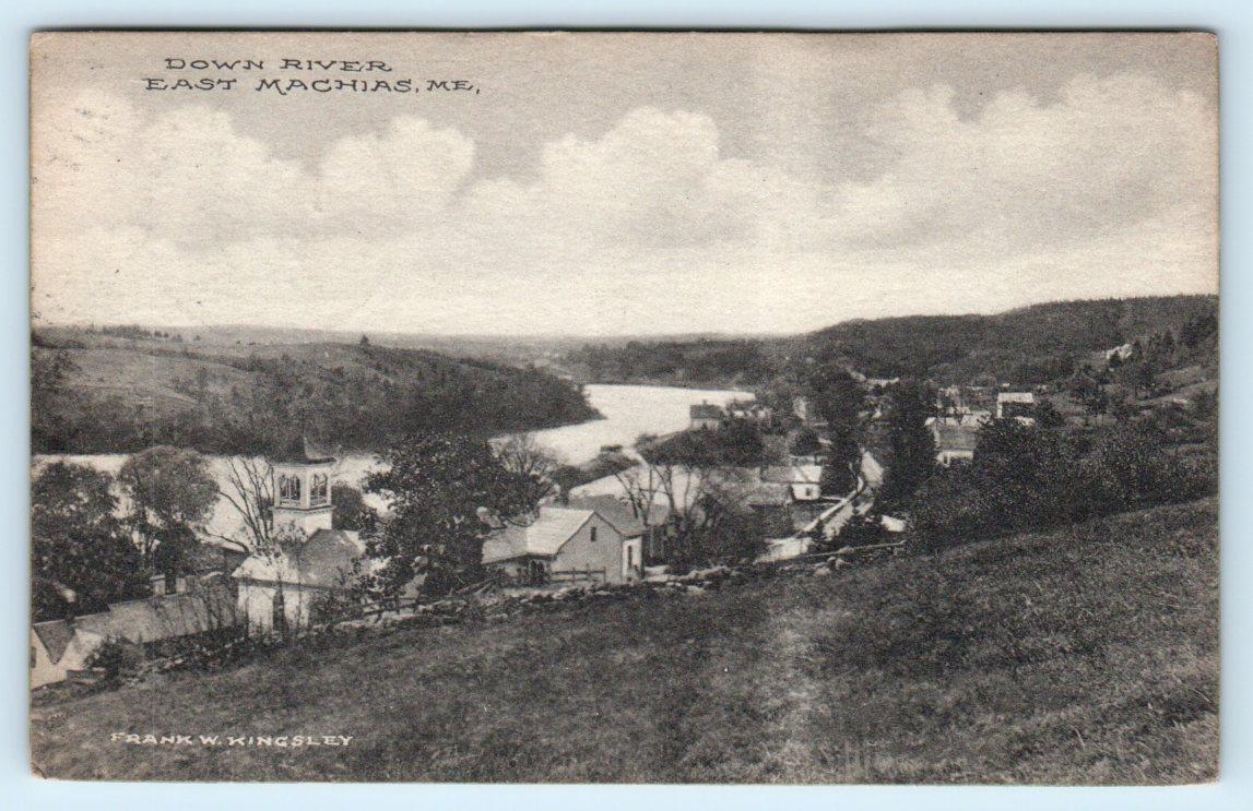 EAST MACHIAS, Maine ME ~Birdseye DOWN RIVER View 1912 Washington County Postcard