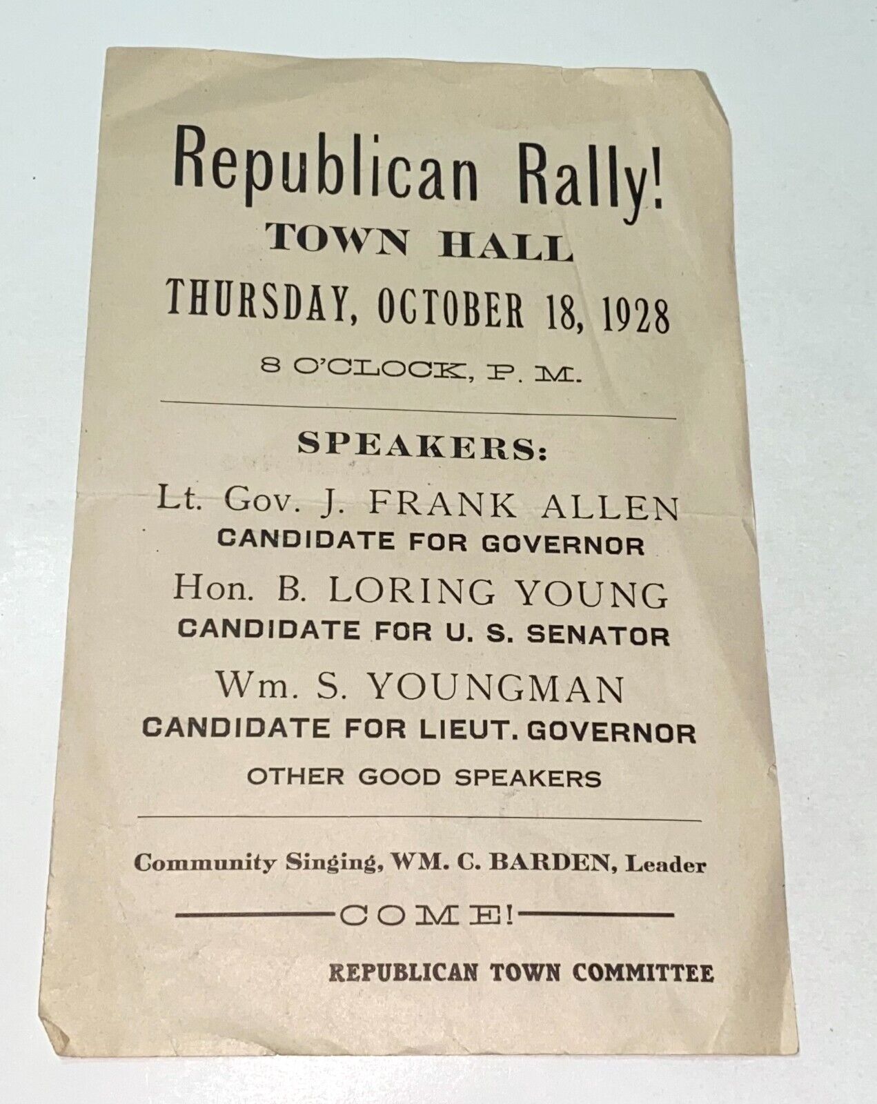Rare Antique Massachusetts Political American Republican Rally Broadside 1928