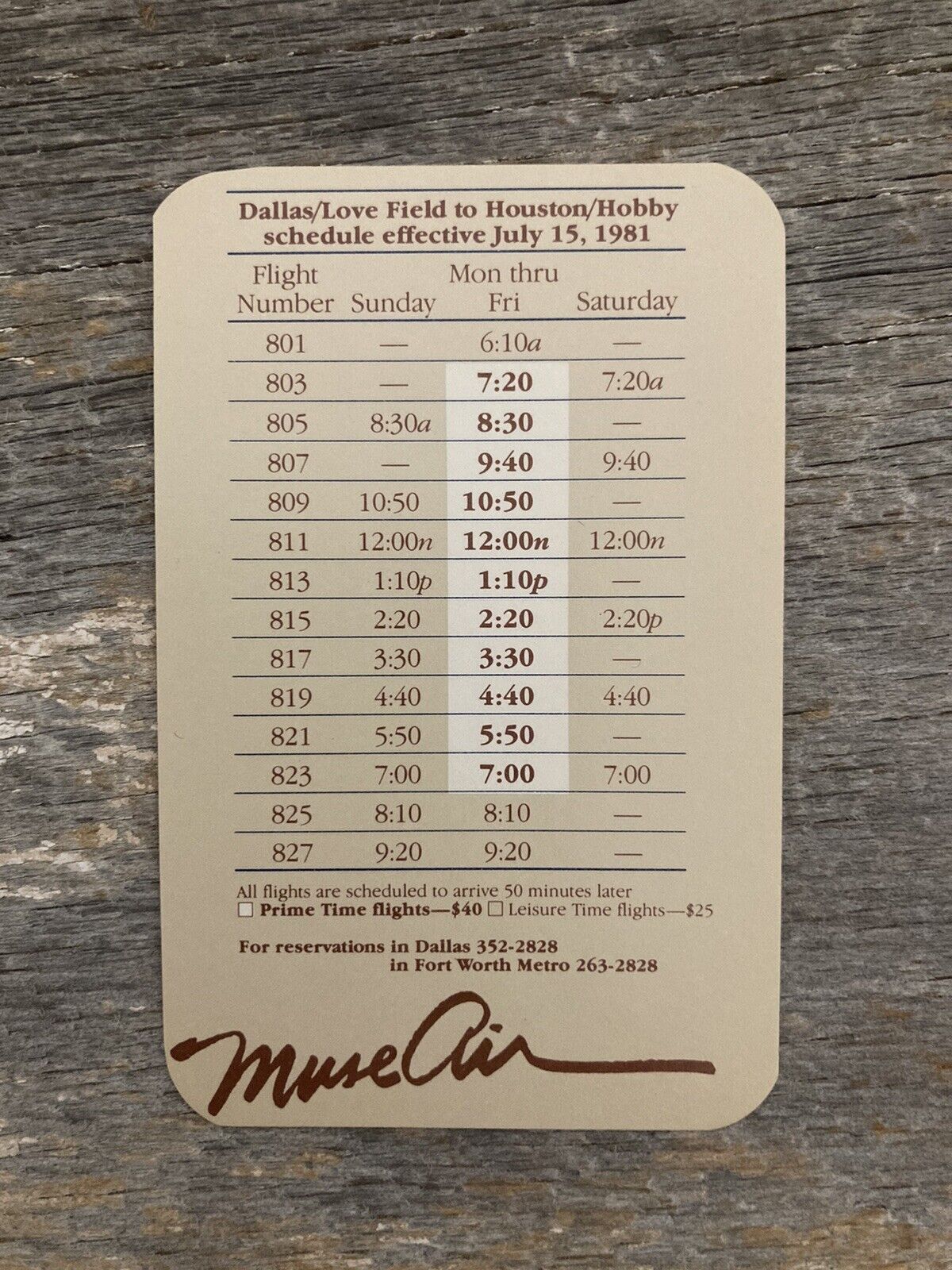 MUSE AIR 1981 Inaugural Day Wallet Sized  System Schedule Timetable