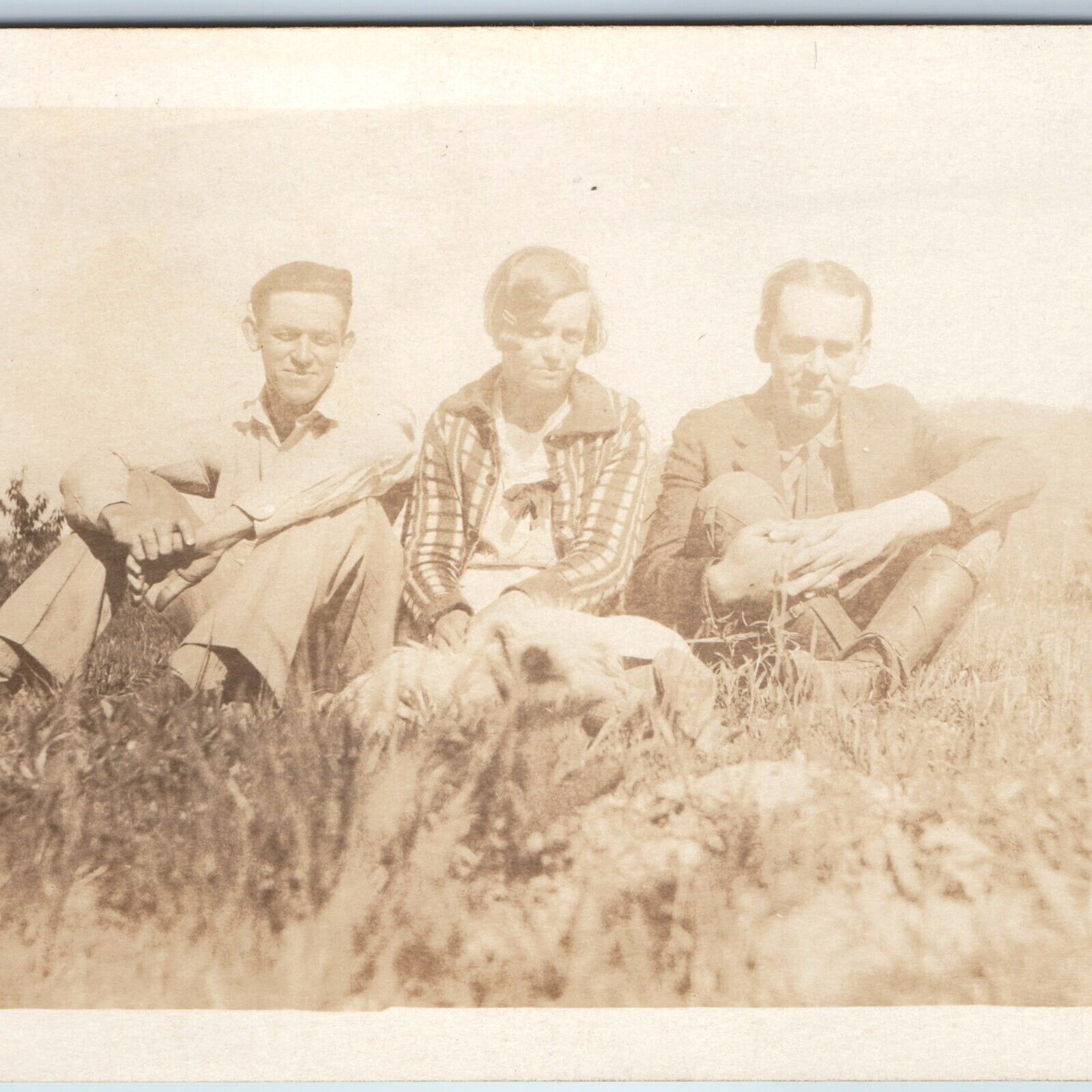 c1910s Outdoor Group Men and Woman RPPC Picnic in Grass Slick Handsome Guys A214