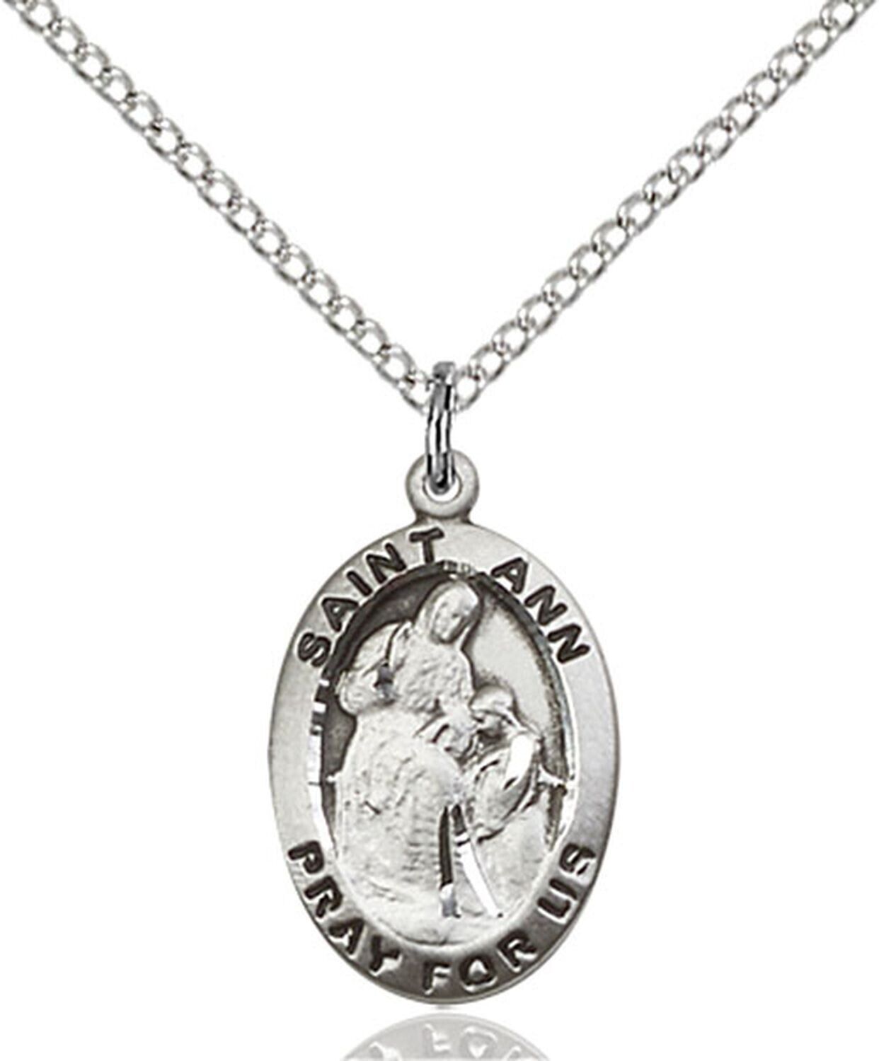 Sterling Silver Saint Ann Medal Oval Mothers Pendant Necklace With Chain