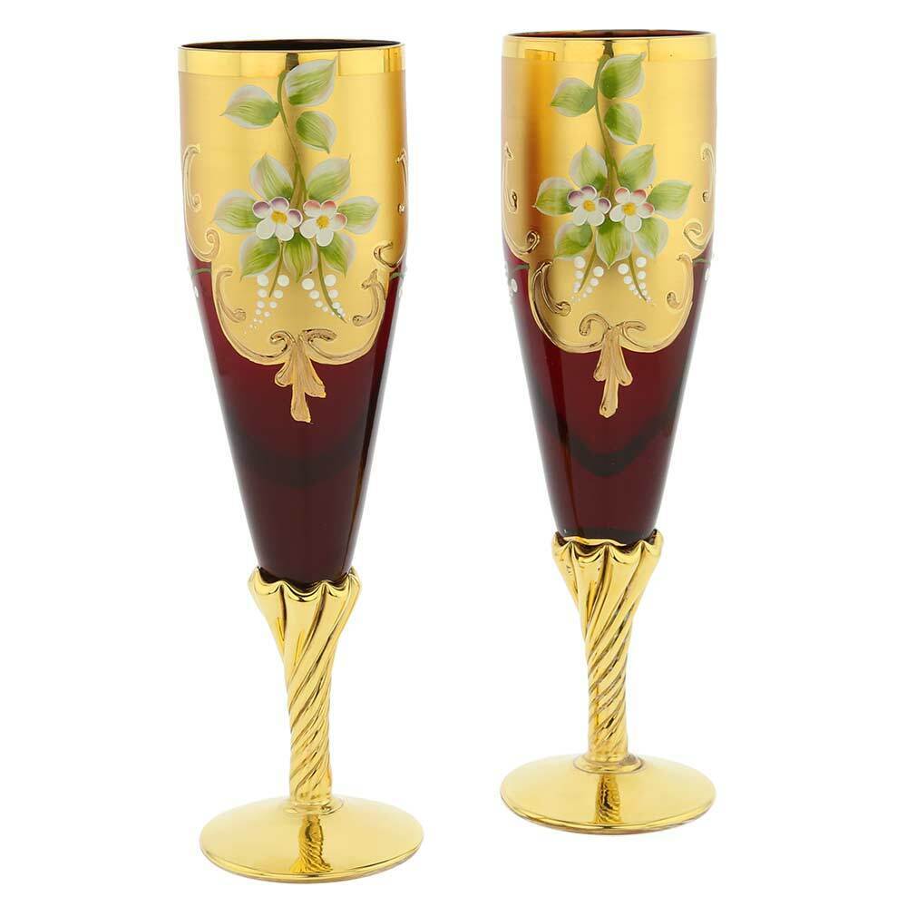 GlassOfVenice Set of Two Murano Glass Champagne Flutes 24K Gold Leaf - Red