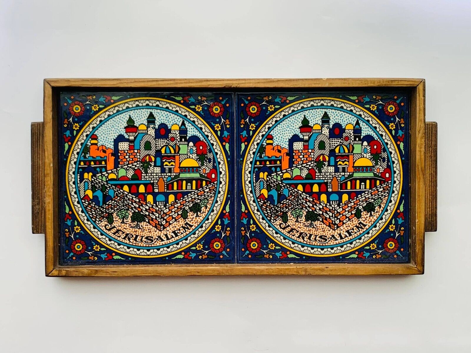 Big Vintage Israel Wood Tray Ceramic Tile Souvenir from Jerusalem Judaica