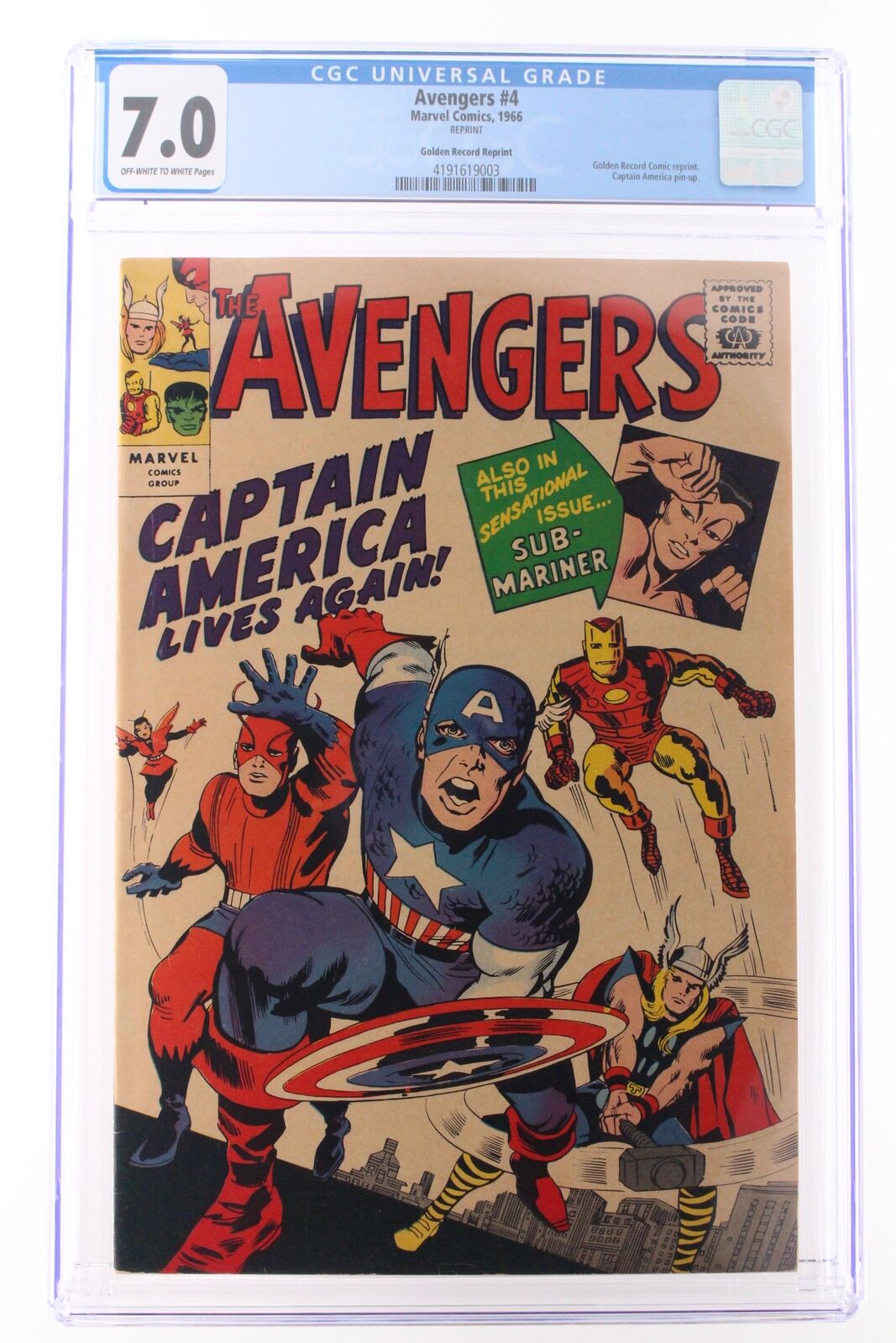 Avengers #4 - Marvel 1966 CGC 7.0 Golden Record Comic reprint. Captain America p