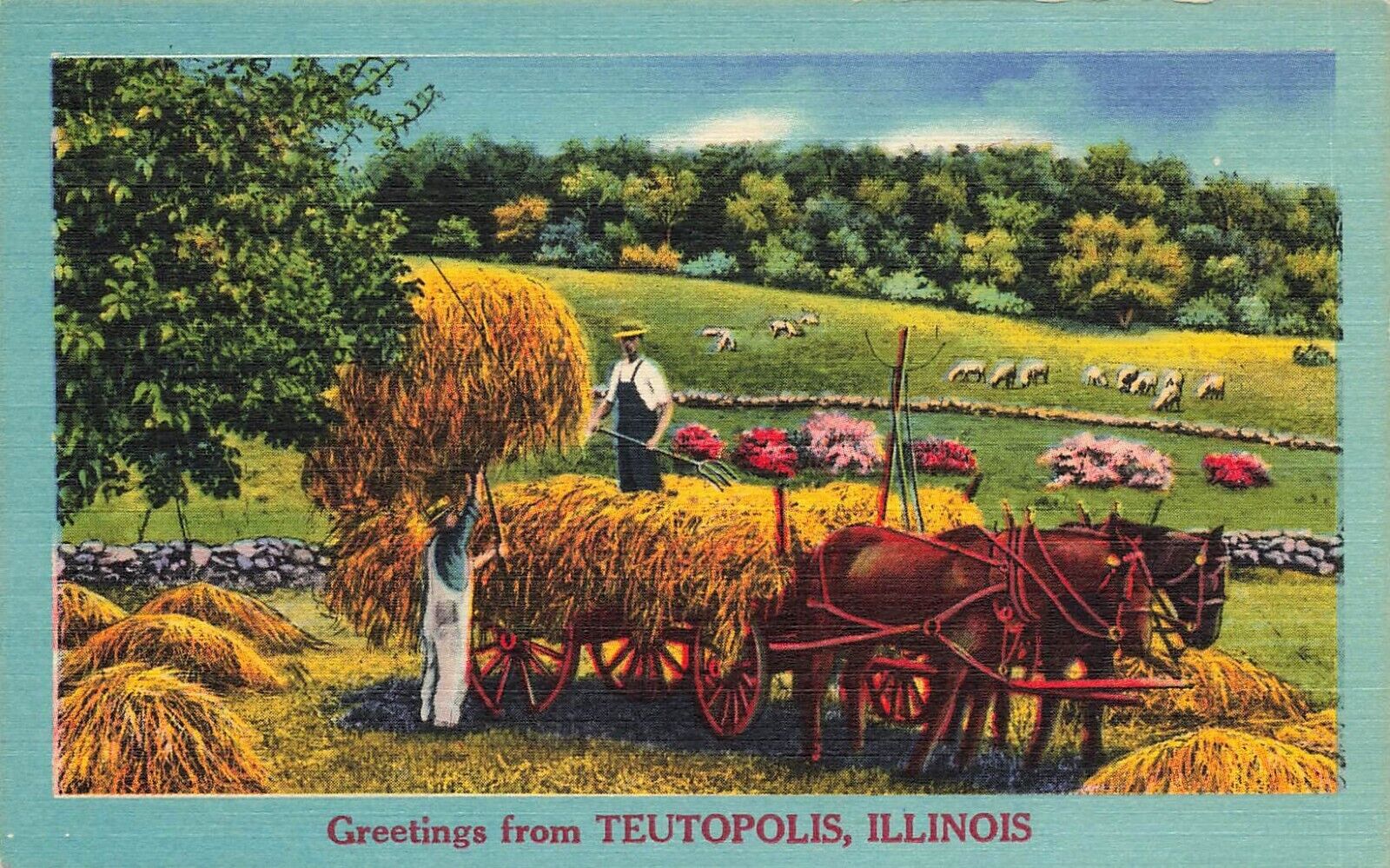 ILLINOIS POSTCARD: VIEW OF FARMERS WORKING GREETINGS FROM TEUTOPOLIS, IL