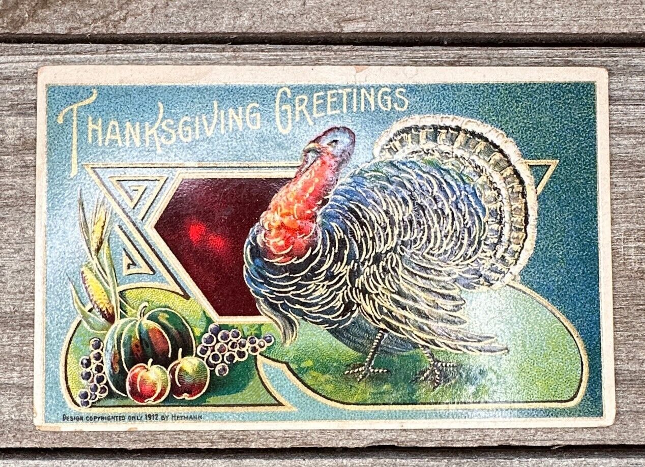 Vintage Postcard - Thanksgiving Greetings with Children and Turkey - Early 1900s