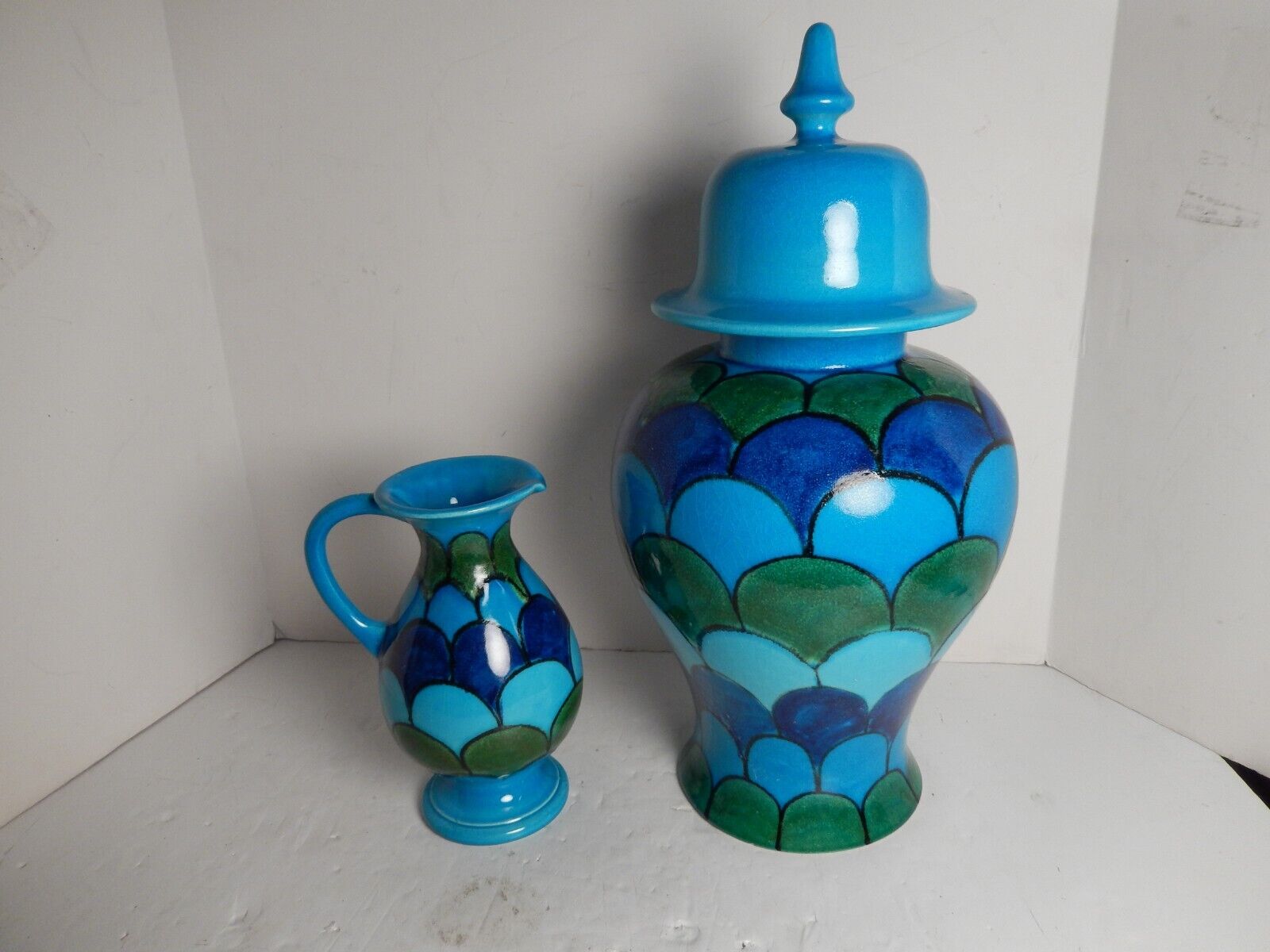 MCM Rosenthal Netter Vase Italy Blue Green Fish Scales Ginger Jar & Pitcher