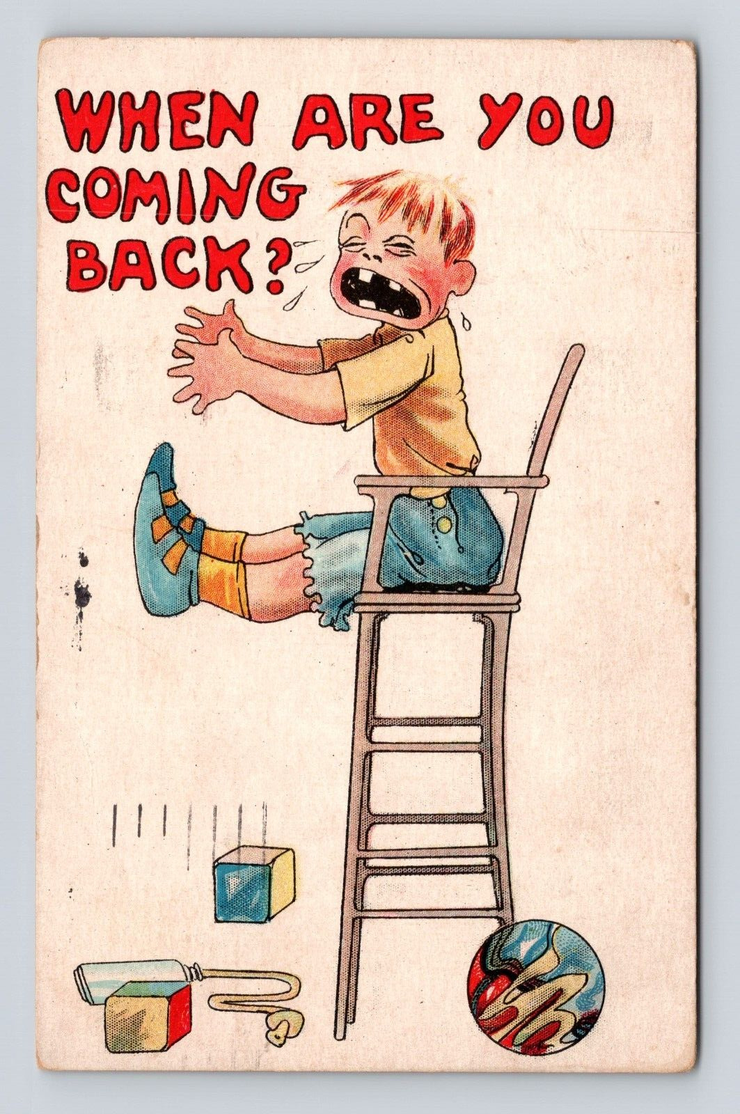 Antique Postcard Boy High Chair Ball Blocks - Tantrum - Hamilton OH 1910 Cancel