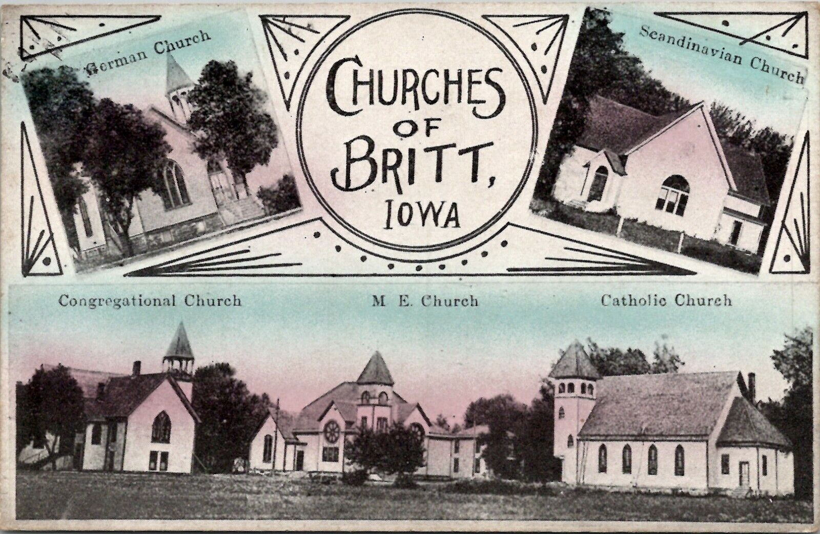 Britt Iowa The Churches Vignette Multi View 1911 to Ohio Postcard U10
