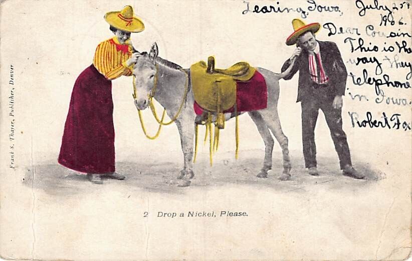 Postcard IA: Drop a Nickel Please, Telephone Humor, UDB Zearing, Iowa 1906