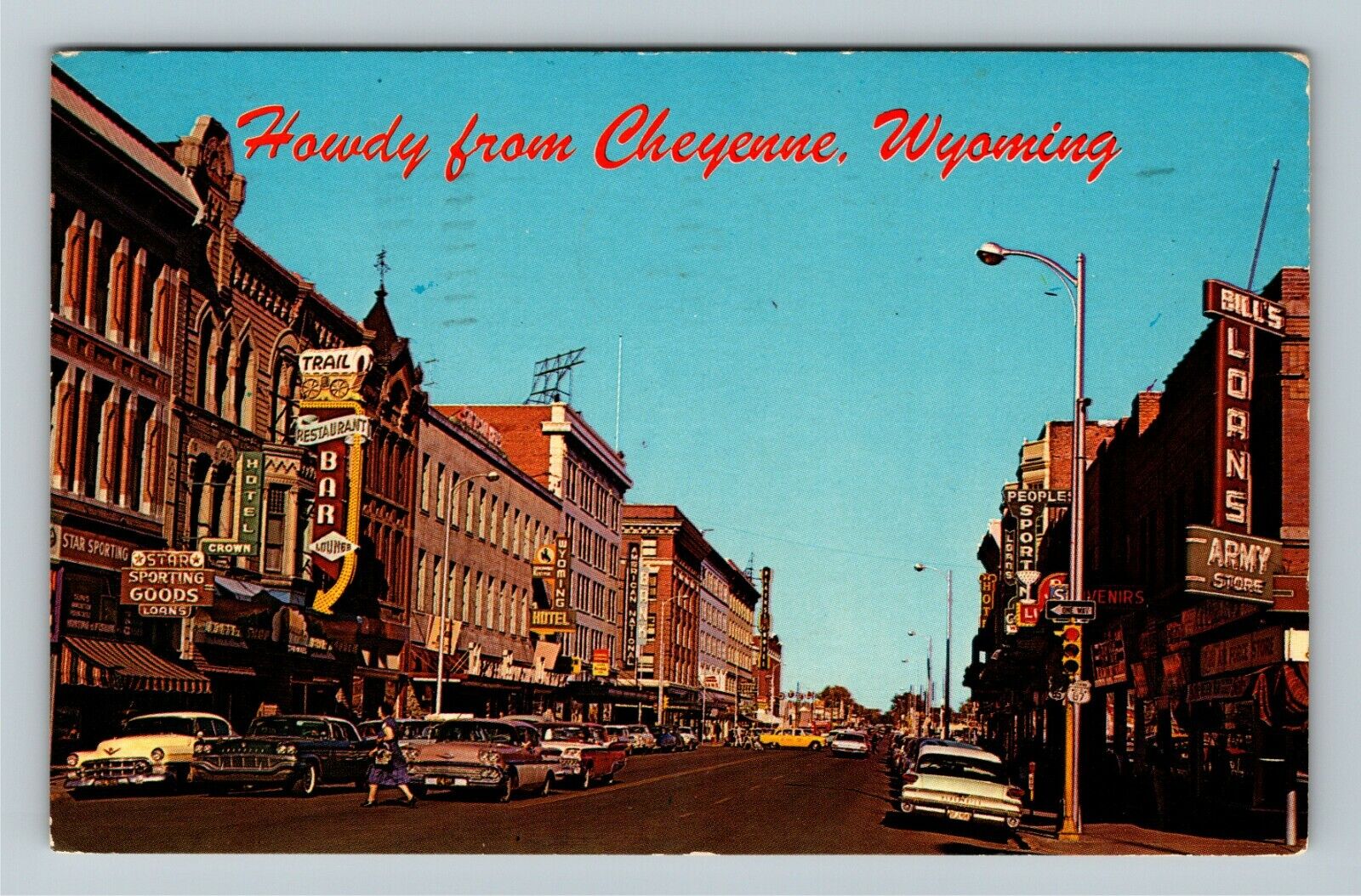 Cheyenne WY-Wyoming, Bar, Hotels, Army Store, c1966 Vintage Souvenir Postcard