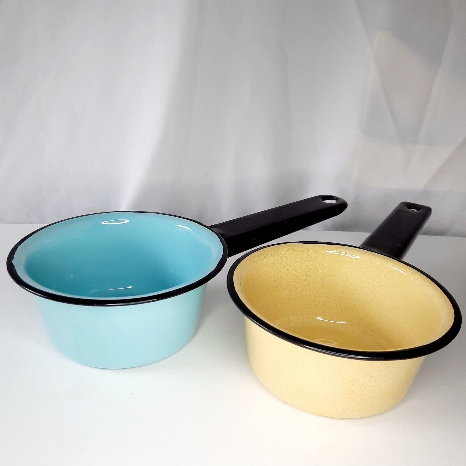 2 Vintage Small Enamel Ware Sauce Pans Blue and Yellow with Black Handles