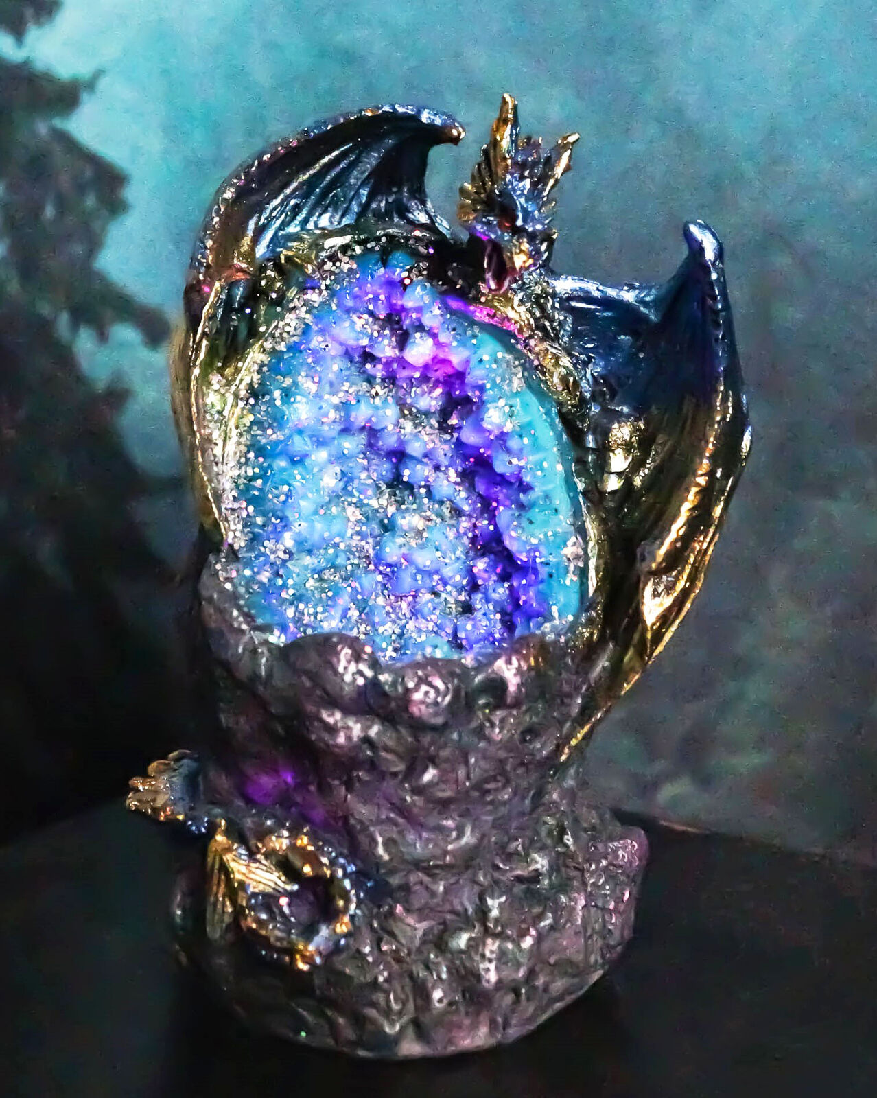 Blue Ice Dragon With Colorful LED Quartz Faux Geode Rock Crystal Cove Figurine