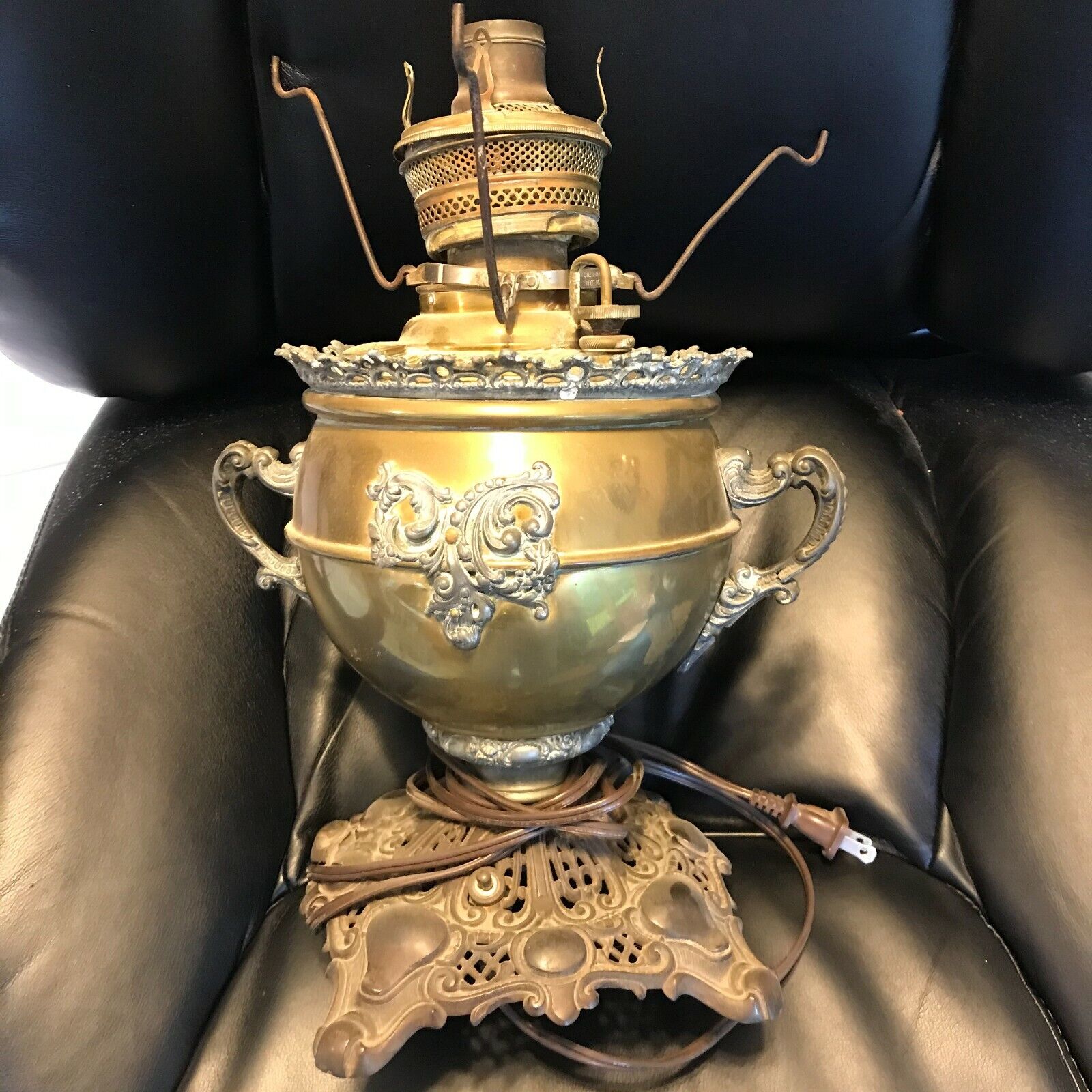 Large Antique Brass & Metal Lamp - E