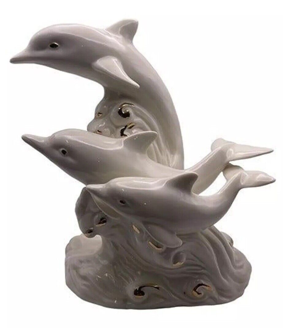 Vintage Dolphin Family Mama and Baby Dolphins Ocean Swirls White Gold Ceramic