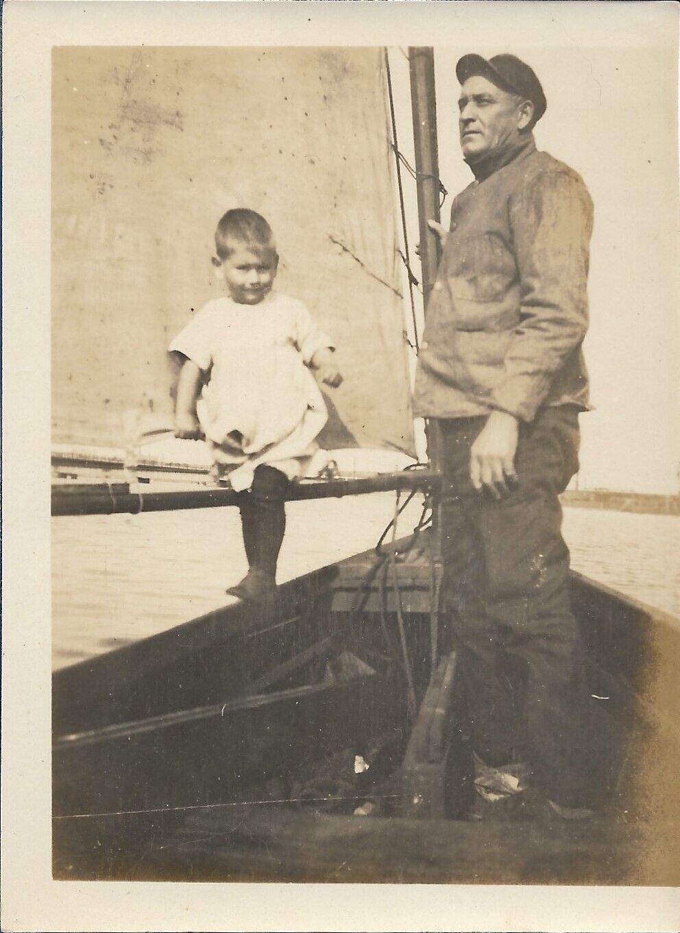 Man Little Boy Photograph Boat Vintage 1920s Sailboat Boating 3 1/4 x 4 1/2