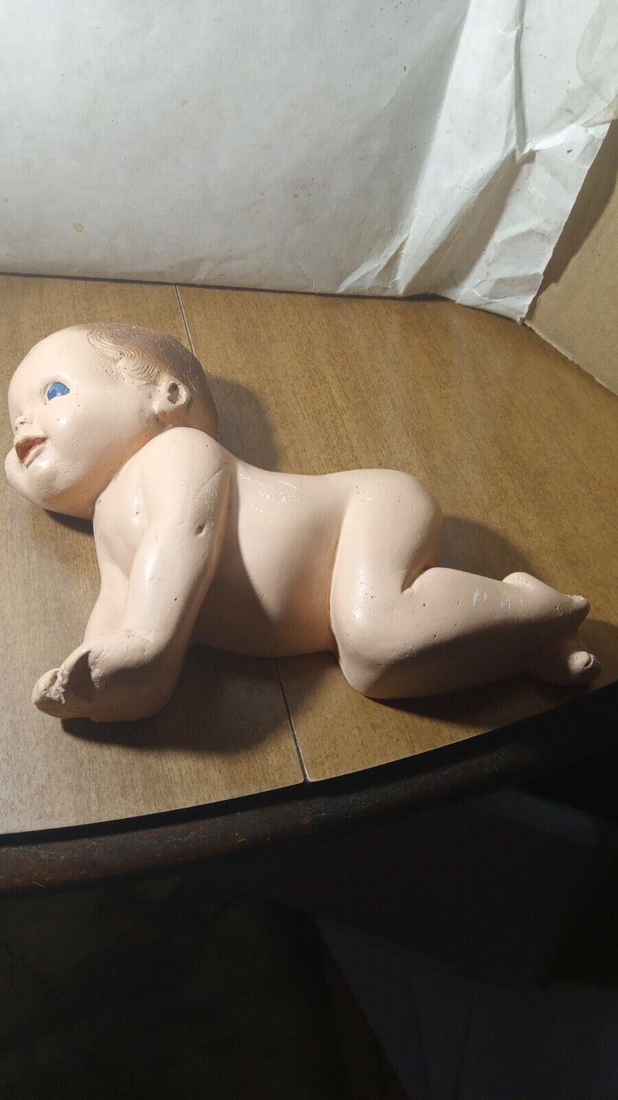 Vintage Chalkware Crawling Baby Hand Painted Blue Eye\'s 6 3/4\