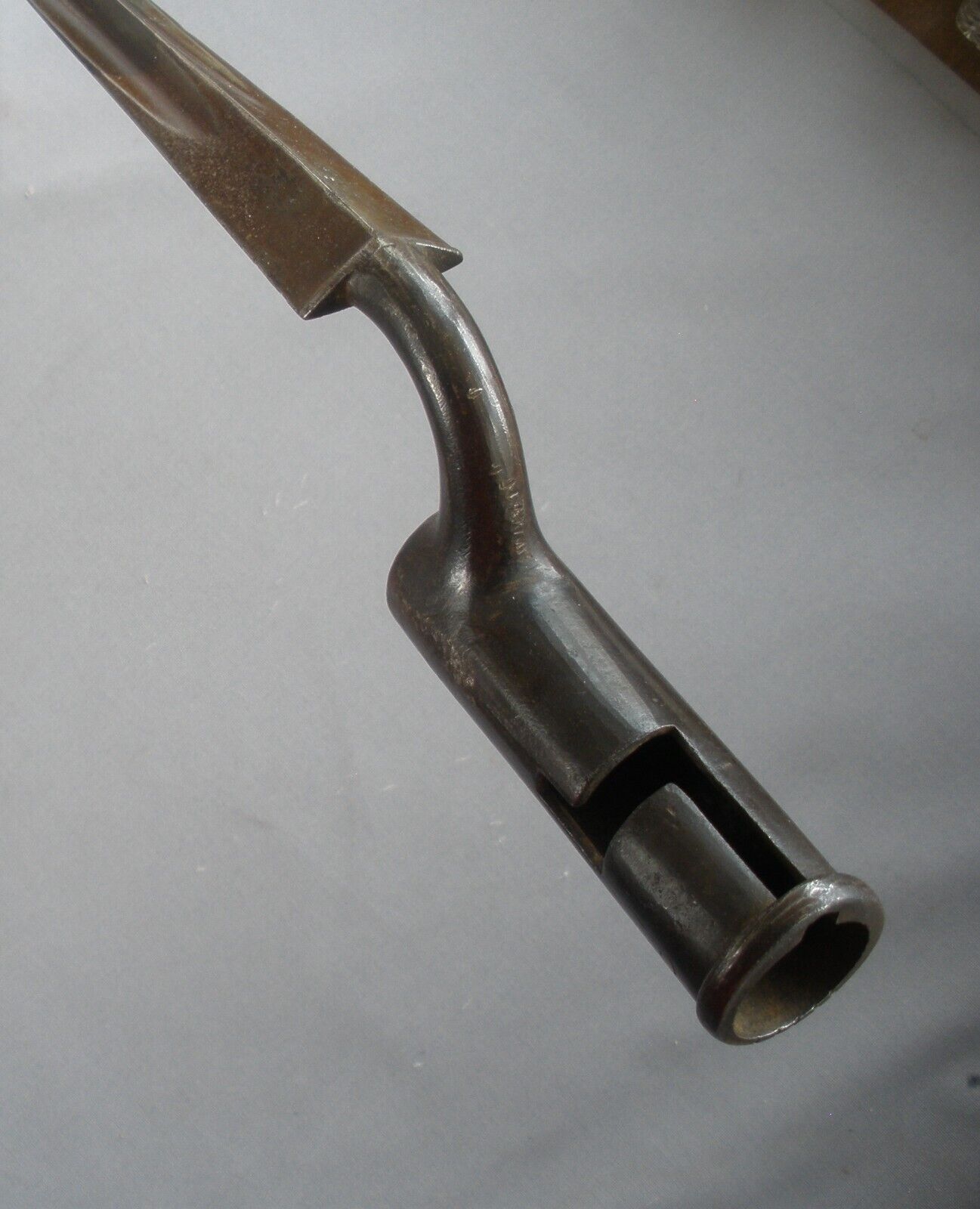 Antique Brown Bess socket bayonet for flintlock musket, engraved 62 & crown/S