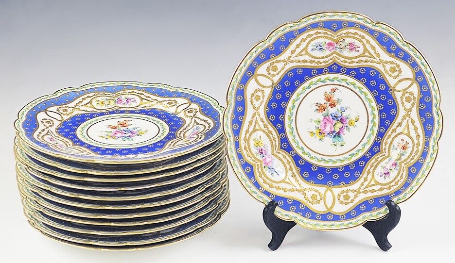 Fine ANTQ Set 12 Royal European Gilded Beaded Dinner Plates Floral Blue White