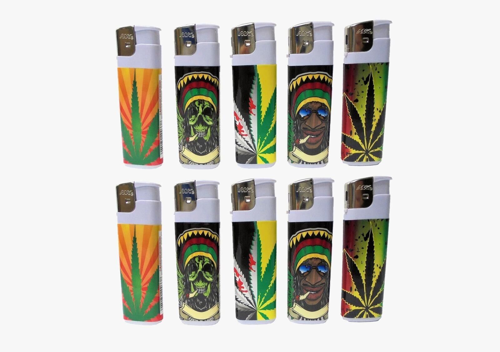 Rasta Neon Electronic Disposable Lighters, Assorted Colors- (Pack Of 10)