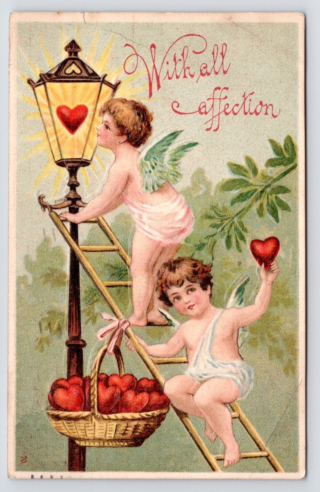 c1910s Angel Cupids Street Light Hearts Valentine Greeting Antique Art Postcard