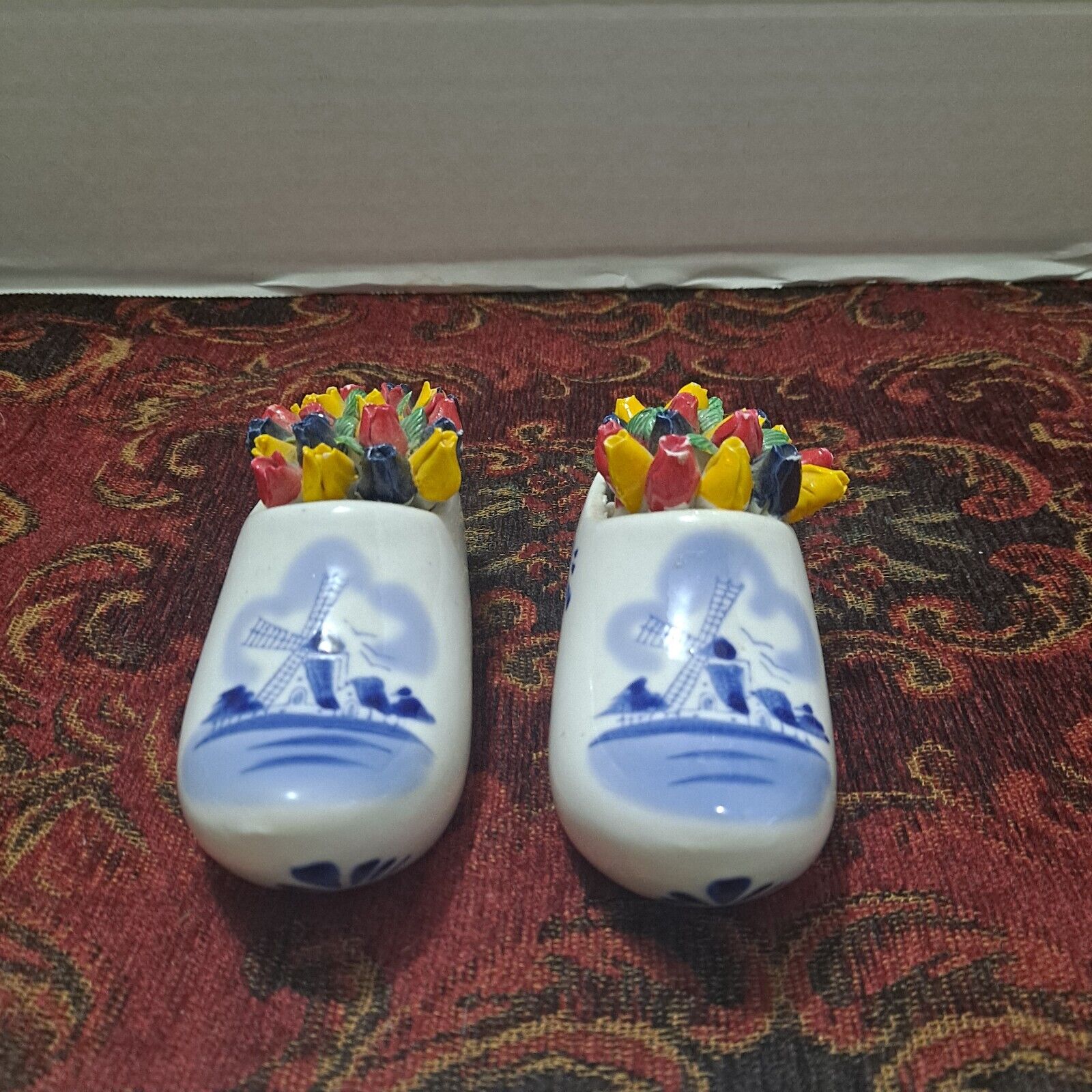 Pair of Hand Painted Numbered Blue White Holland Shoes Figurines With Tulips
