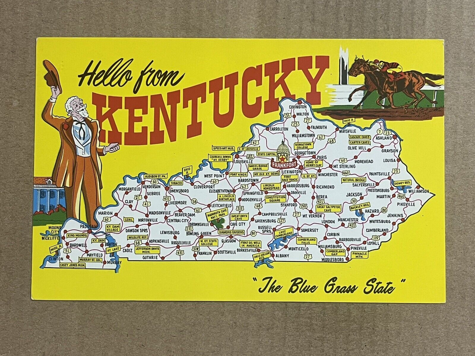 Postcard Kentucky KY State Road Map Greeting Horse Racing Colonel Vintage PC