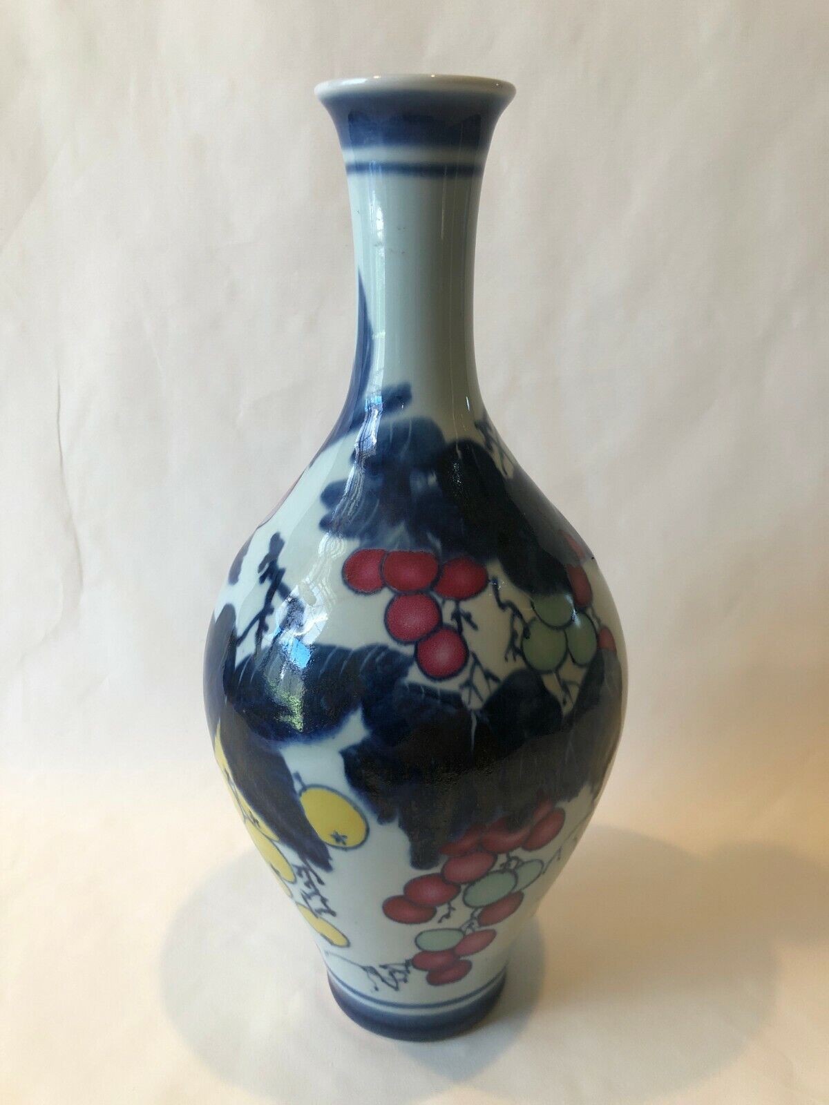 VTG Chinese Jiangxi Imitative Handpainted Fruits Glazed Porcelain Vase, Signed